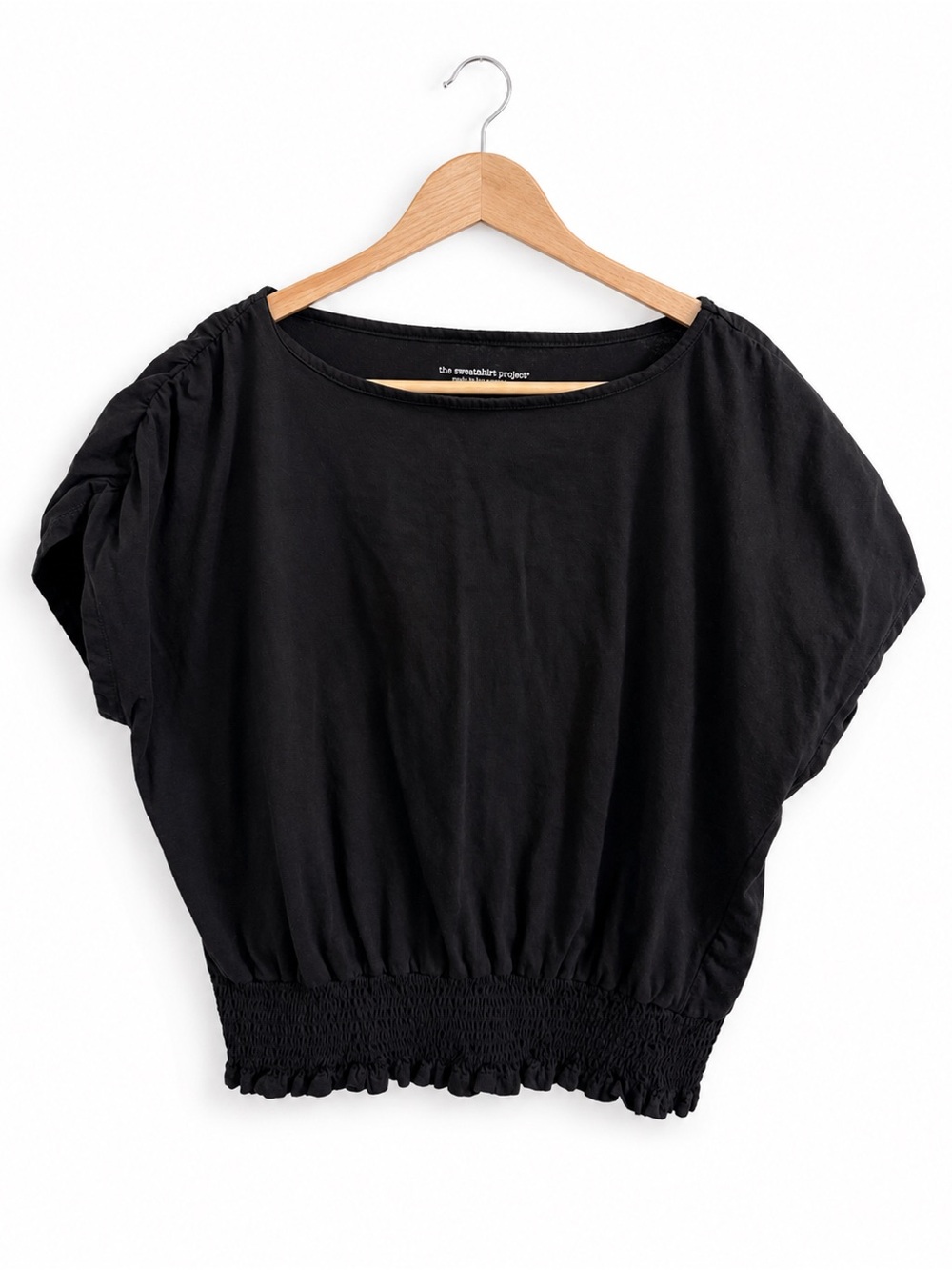 The Sweatshirt Project 1X Black Dolman Batwing Top Smocked Hem 100% Cotton